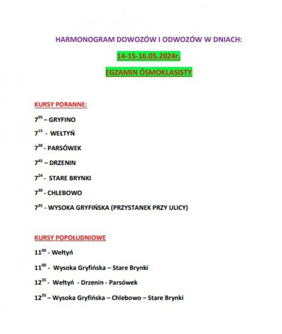 harmonogram dowozów egzamin ósmoklasisty 2024