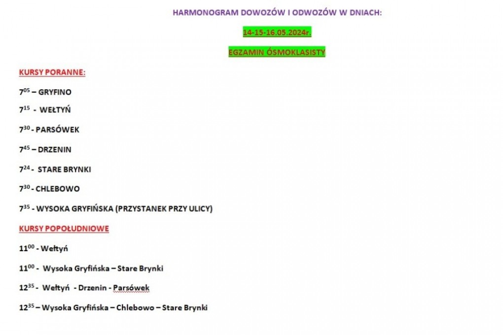 harmonogram dowozów egzamin ósmoklasisty 2024